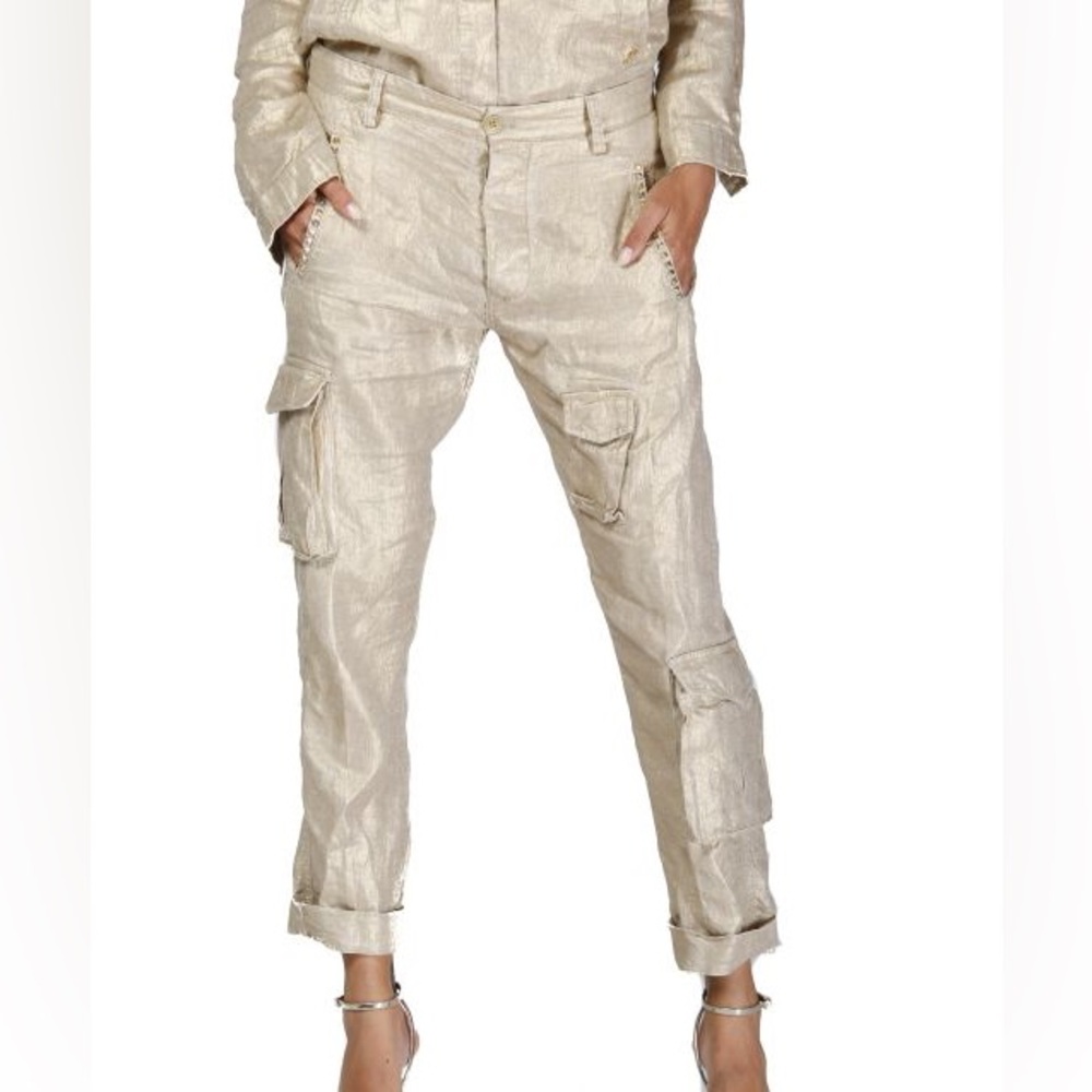 MASON’S DONNA PANCIONIE ASIA SNAKE 100% LINEN CARGO PANTS GOLD SZ EUR 38 US 8